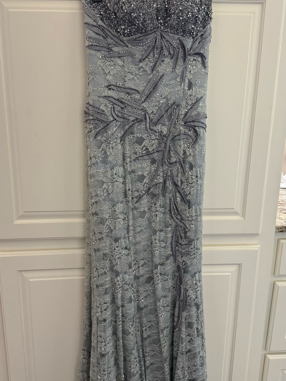 Elegant Lace Evening Gown in Light Gray